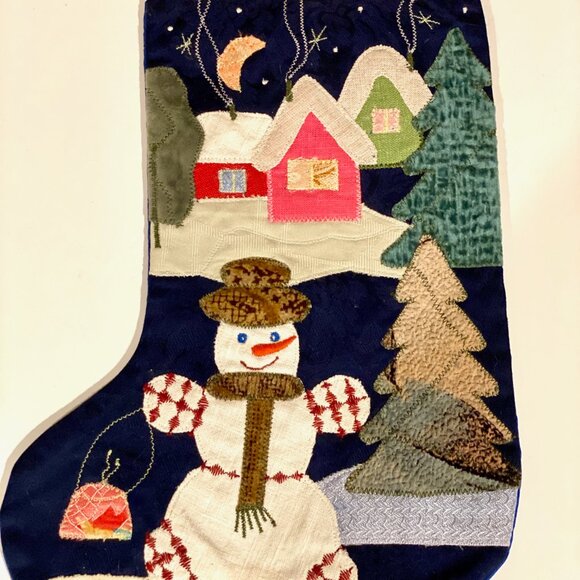 Vintage Handmade Christmas‎ Stocking with Snowman Scene, Upcycled Fabric - Picture 2 of 8